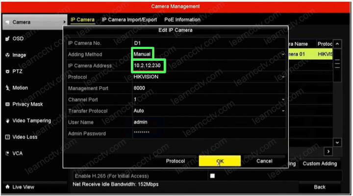 Add Hikvision IP camera manually in the NVR