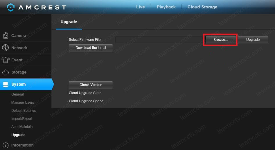 Amcrest Camera Web Interface Upgrade Browse Button