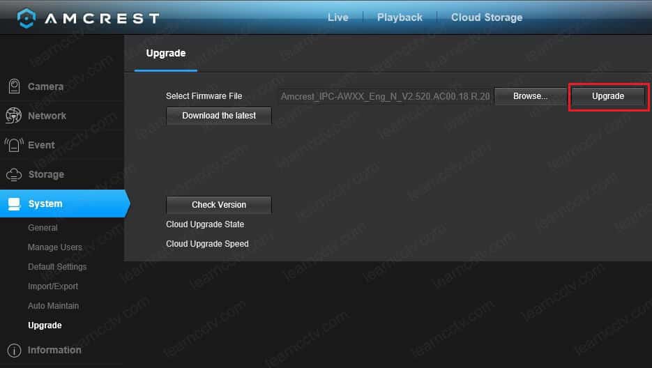 Amcrest Camera Web Interface Upgrade Button