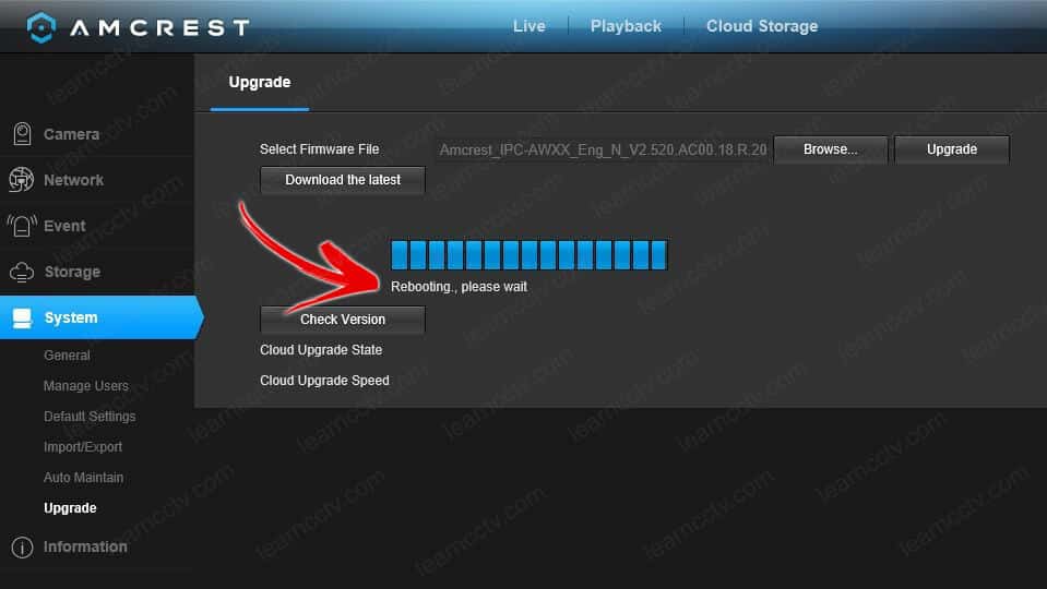 Amcrest Camera Web Interface Upgrading Message