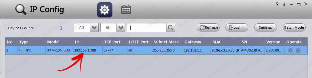 Amcrest IP Config found the camera