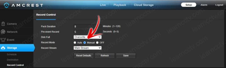 Amcrest Manual Recording Configuration