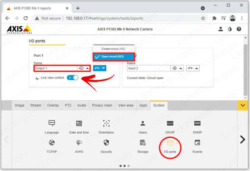 Axis P1365 MK II IO Output 1 NO Live View Control ON