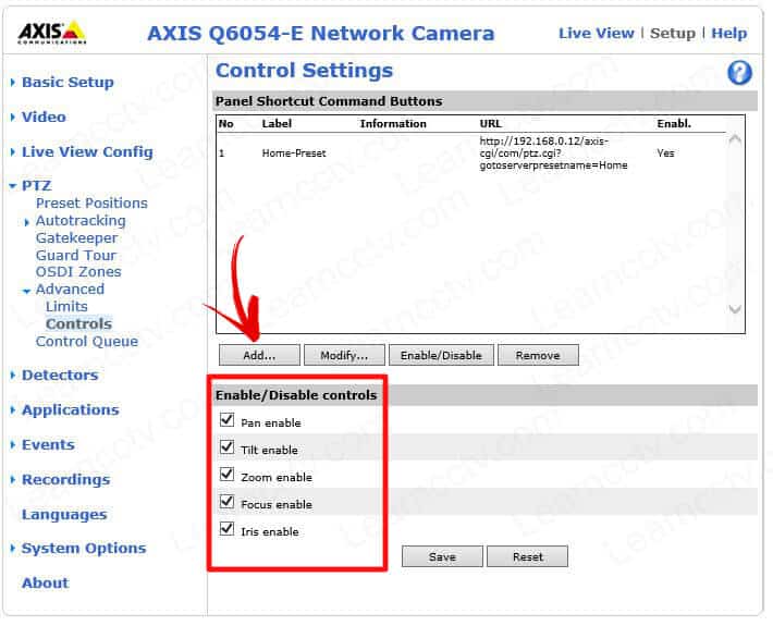 Axis PTZ Enable Disable Controls