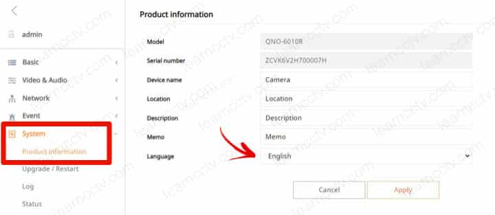 Change the language on a Wisenet Camera