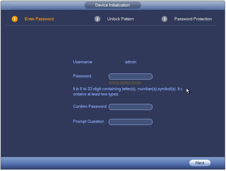 Dahua DVR Password Setup Screen