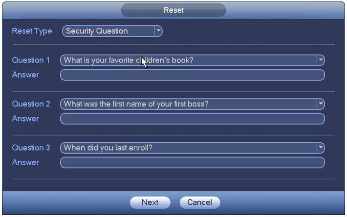 Dahua NVR Reset Password Security Question