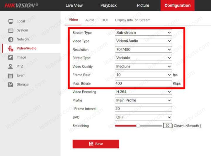 Hikvision camera substream adjustment