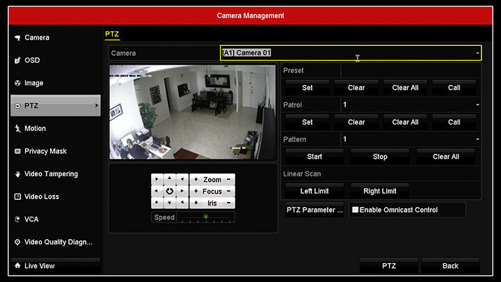 Hikvision DVR camera menu PTZ