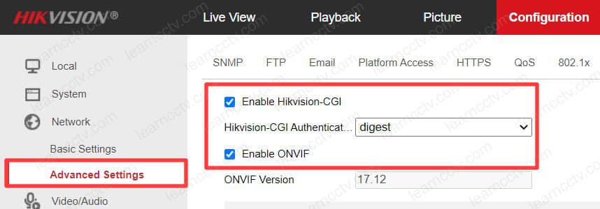 Hikvision Enable CGI and ONVIF protocol