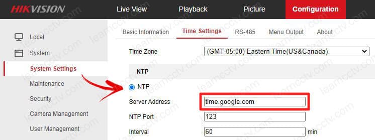 Hikvision NTP server configuration