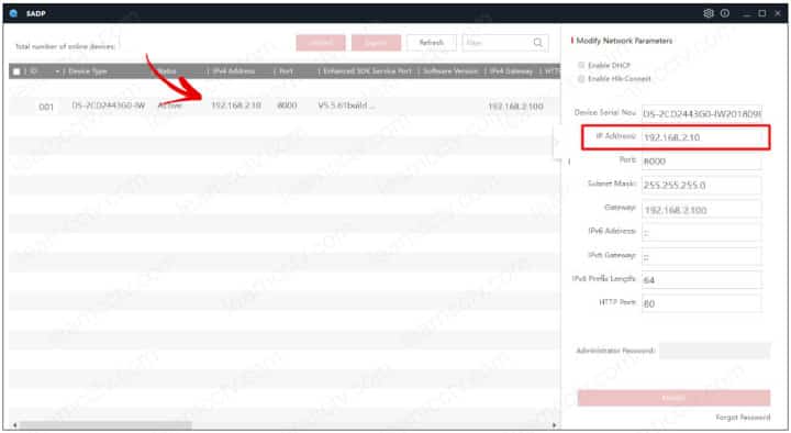 Hikvision SADP Tool shows the WiFi camera