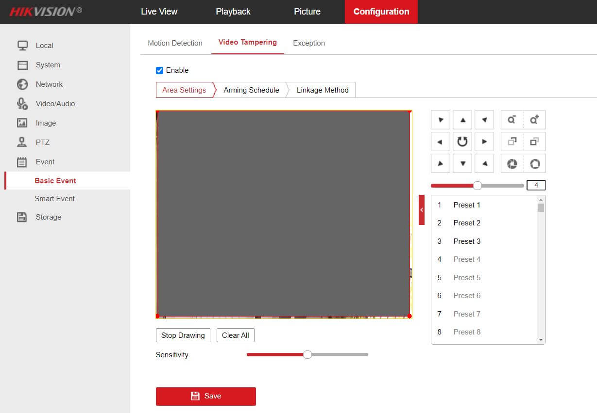 Hikvisionon Video Tampering Draw Area