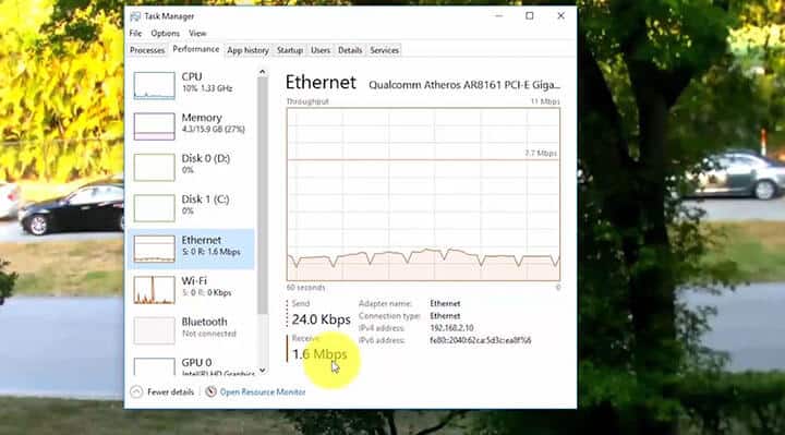 Bandwidth in the windows task manager