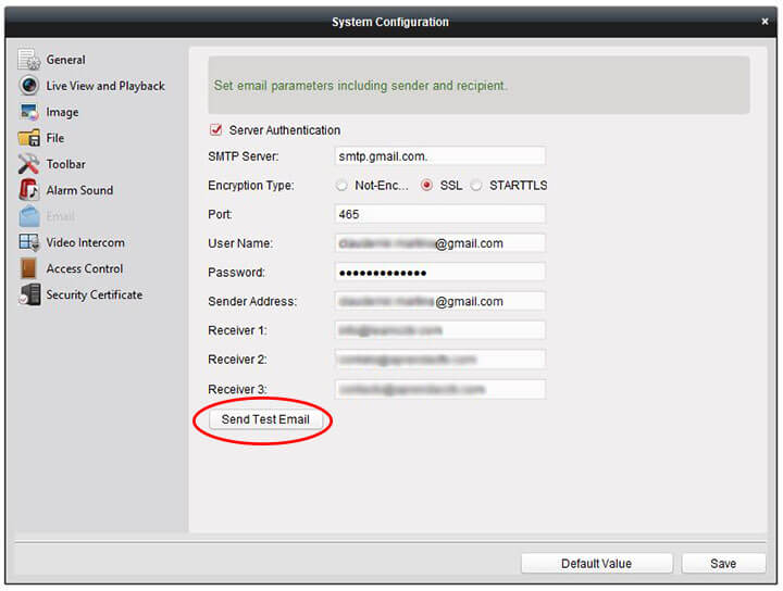 iVMS 4200 SMTP configuration