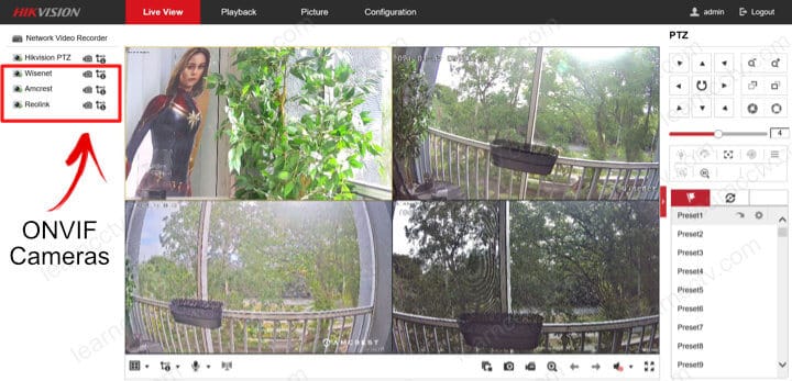 ONVIF cameras displayed on a Hikvision NVR