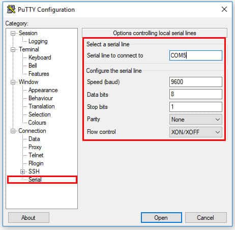 Putty serial configuration