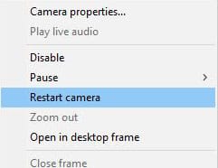 Blue Iris Restart camera Menu