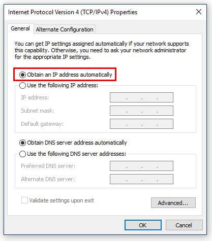 Windows Network Connections Obtain IP Automatically