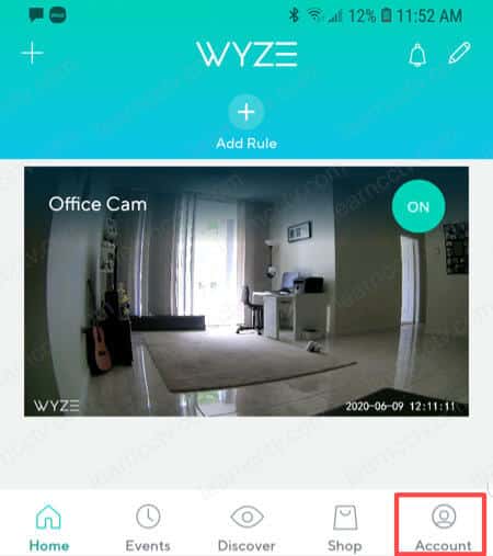 Wyze Cam App Account button