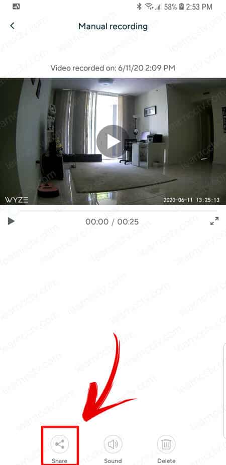 Wyze Cam App Playback share button