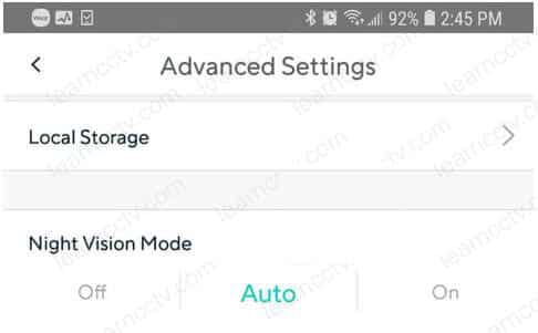 Wyze Cam night mode menu