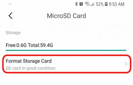 YI Home App Micro SD card format