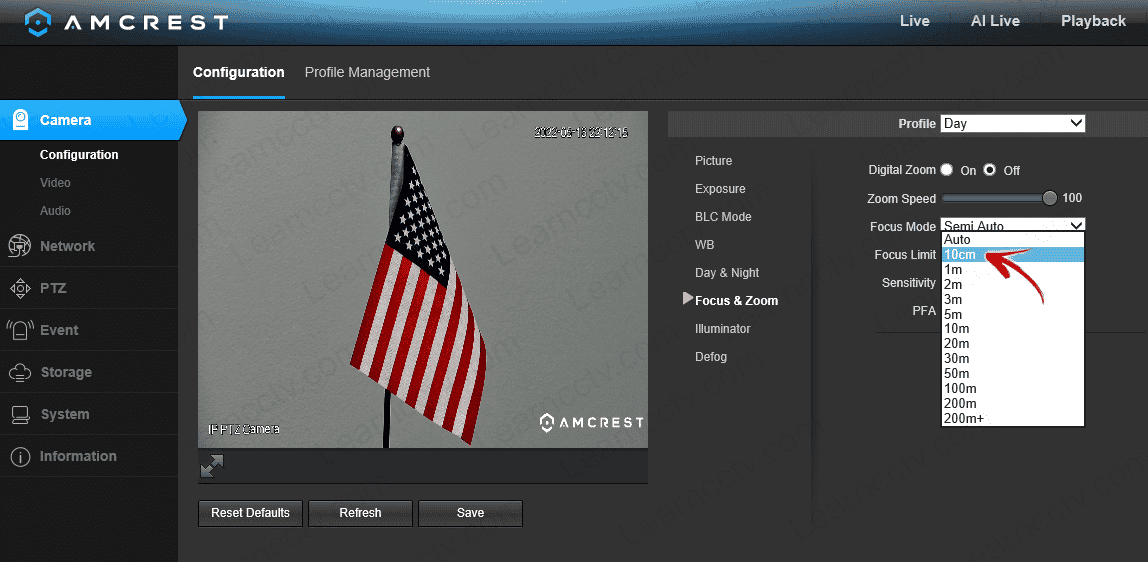 Amcrest PTZ zoom auto focus adjustment