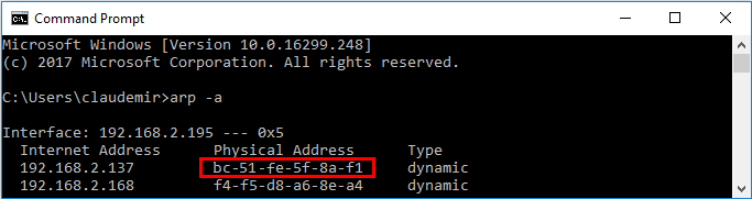 Arp -a to find the Swann Mac Address