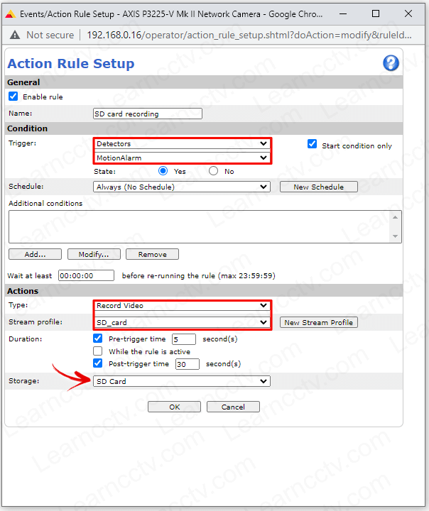 Axis camera event recording on SD card