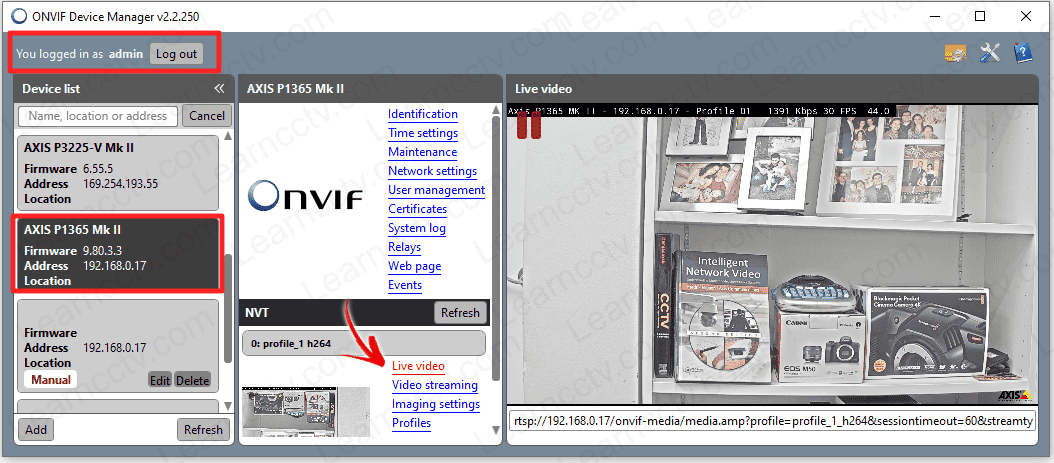 Axis camera-P1365 MK II on the ONVIF Device Manager