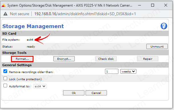 Axis SD card old web interface