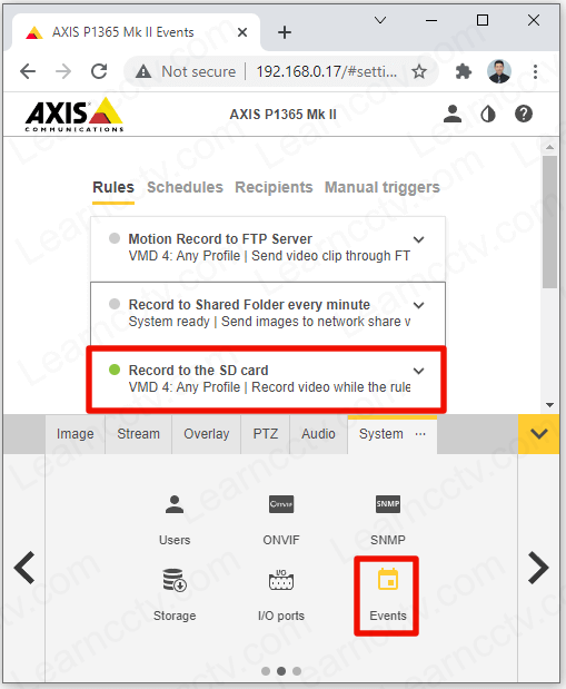 Axis SD card recording setup