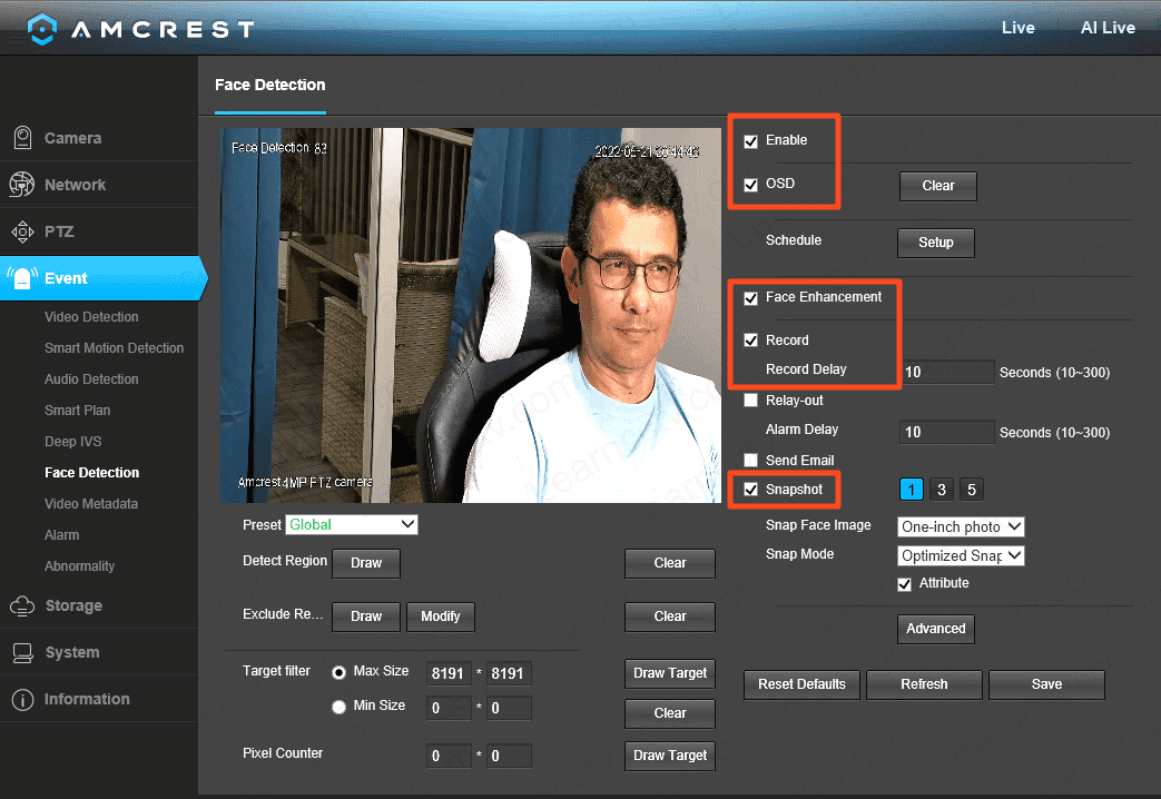Enable face detection event on Amcrest Camera