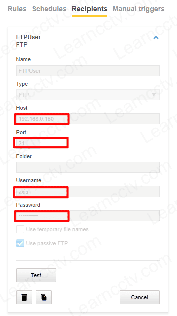 FTP Recipient configuration on Axis Camera