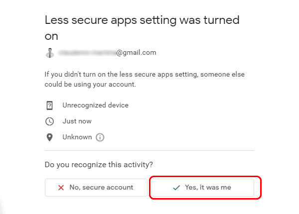 Google Less Secure apps Alert Confirm