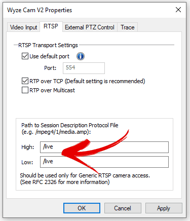 Luxriot Configuration Devices Wyze Cam Channel Config Properties RTSP