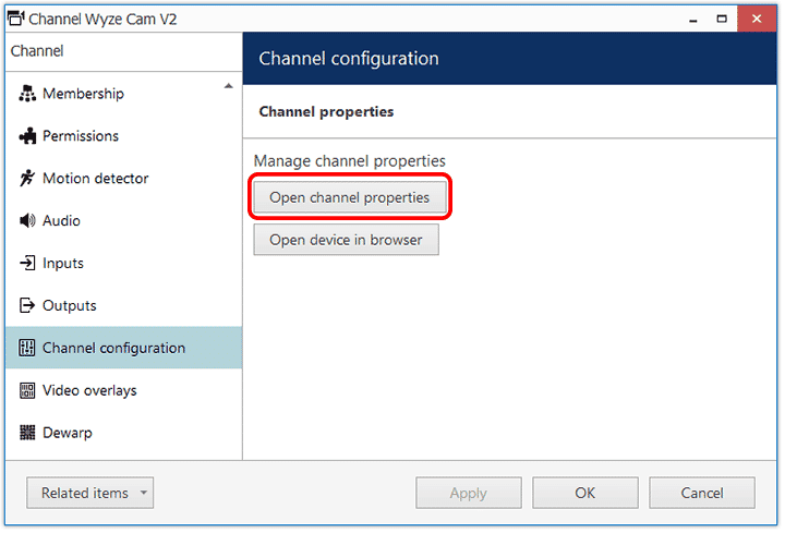 Luxriot Configuration Devices Wyze Cam Channel Config Properties