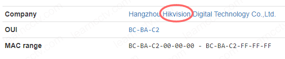 MAC Address lookup Hikvision camera