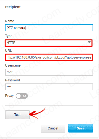 PTZ recipient setup