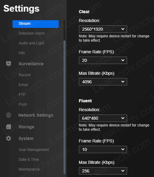 Reolink stream settings