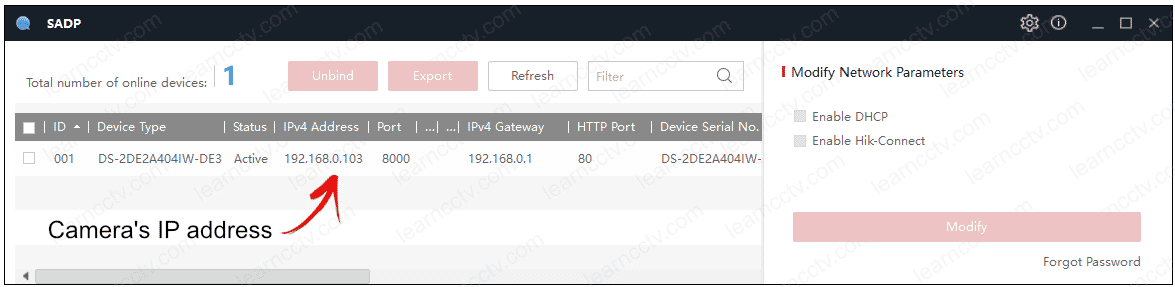 SADP tool found the Hikvision camera