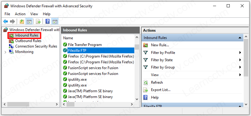 Windows Defender Firewall Rule for Filezilla