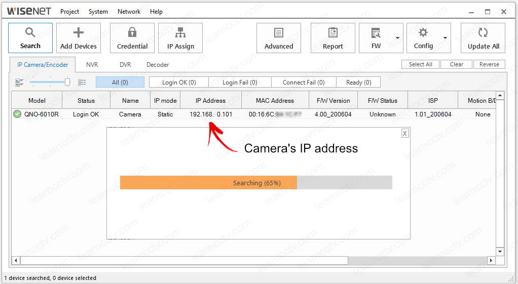 Wisenet Device Manager finds camera IP